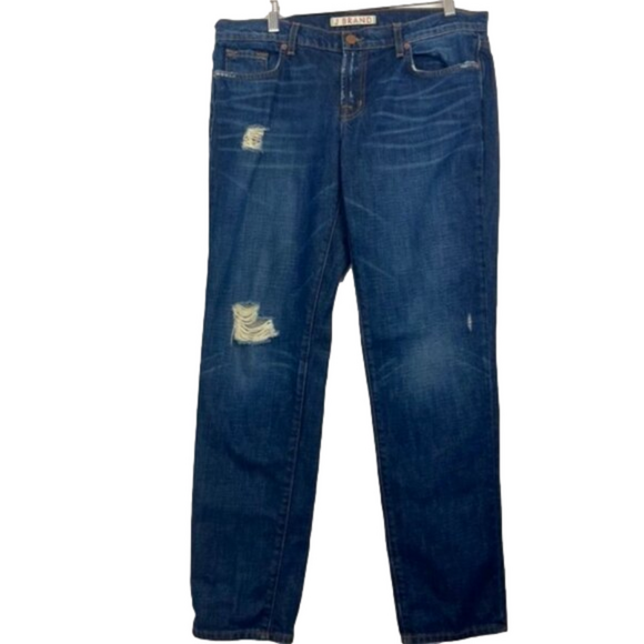 J Brand Denim - J Brand Aidan Ringer Boyfriend Low-Rise Dark Blue Distressed Jeans